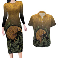 New Zealand Kiwi Bird Couples Matching Long Sleeve Bodycon Dress and Hawaiian Shirt Silver Fern Mix Maori Pattern LT05 Brown - Polynesian Pride