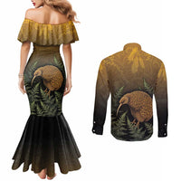 New Zealand Kiwi Bird Couples Matching Mermaid Dress and Long Sleeve Button Shirt Silver Fern Mix Maori Pattern LT05 - Polynesian Pride