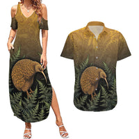 New Zealand Kiwi Bird Couples Matching Summer Maxi Dress and Hawaiian Shirt Silver Fern Mix Maori Pattern LT05 Brown - Polynesian Pride