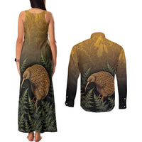 New Zealand Kiwi Bird Couples Matching Tank Maxi Dress and Long Sleeve Button Shirt Silver Fern Mix Maori Pattern LT05 - Polynesian Pride