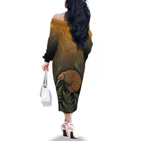 New Zealand Kiwi Bird Family Matching Off The Shoulder Long Sleeve Dress and Hawaiian Shirt Silver Fern Mix Maori Pattern LT05 - Polynesian Pride