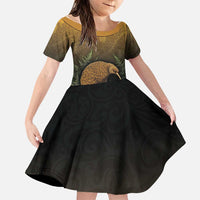 New Zealand Kiwi Bird Family Matching Summer Maxi Dress and Hawaiian Shirt Silver Fern Mix Maori Pattern LT05 Daughter's Dress Brown - Polynesian Pride