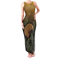 New Zealand Kiwi Bird Family Matching Tank Maxi Dress and Hawaiian Shirt Silver Fern Mix Maori Pattern LT05 Mom's Dress Brown - Polynesian Pride