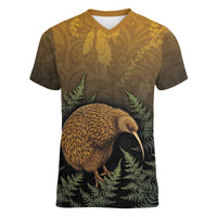New Zealand Kiwi Bird Women V-Neck T-Shirt Silver Fern Mix Maori Pattern LT05 Female Brown - Polynesian Pride