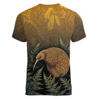 New Zealand Kiwi Bird Women V-Neck T-Shirt Silver Fern Mix Maori Pattern LT05 - Polynesian Pride