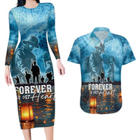 Hawaii Memorial Day Lantern Floating Couples Matching Long Sleeve Bodycon Dress and Hawaiian Shirt Always In Our Hearts LT05 Blue - Polynesian Pride
