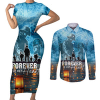 Hawaii Memorial Day Lantern Floating Couples Matching Short Sleeve Bodycon Dress and Long Sleeve Button Shirt Always In Our Hearts LT05 Blue - Polynesian Pride