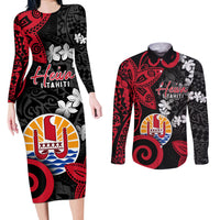 Tahiti Heiva Festival Couples Matching Long Sleeve Bodycon Dress and Long Sleeve Button Shirt Floral Pattern With Coat Of Arms LT05 Black - Polynesian Pride