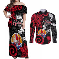 Tahiti Heiva Festival Couples Matching Off Shoulder Maxi Dress and Long Sleeve Button Shirt Floral Pattern With Coat Of Arms LT05 Black - Polynesian Pride