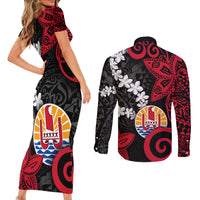 Tahiti Heiva Festival Couples Matching Short Sleeve Bodycon Dress and Long Sleeve Button Shirt Floral Pattern With Coat Of Arms LT05 - Polynesian Pride