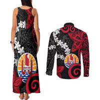 Tahiti Heiva Festival Couples Matching Tank Maxi Dress and Long Sleeve Button Shirt Floral Pattern With Coat Of Arms LT05 - Polynesian Pride