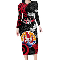 Tahiti Heiva Festival Family Matching Long Sleeve Bodycon Dress and Hawaiian Shirt Floral Pattern With Coat Of Arms LT05 Mom's Dress Black - Polynesian Pride