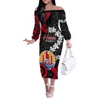 Tahiti Heiva Festival Family Matching Off The Shoulder Long Sleeve Dress and Hawaiian Shirt Floral Pattern With Coat Of Arms LT05 Mom's Dress Black - Polynesian Pride