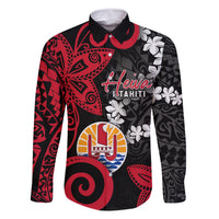 Tahiti Heiva Festival Family Matching Off Shoulder Short Dress and Hawaiian Shirt Floral Pattern With Coat Of Arms LT05 Dad's Shirt - Long Sleeve Black - Polynesian Pride