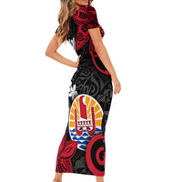 Tahiti Heiva Festival Family Matching Short Sleeve Bodycon Dress and Hawaiian Shirt Floral Pattern With Coat Of Arms LT05 - Polynesian Pride