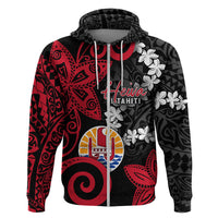 Tahiti Heiva Festival Hoodie Floral Pattern With Coat Of Arms LT05 Zip Hoodie Black - Polynesian Pride