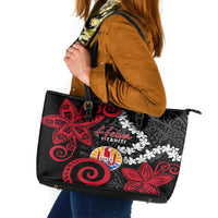 Tahiti Heiva Festival Leather Tote Bag Floral Pattern With Coat Of Arms LT05 Black - Polynesian Pride