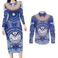 Marshall Islands Jemenei Day Couples Matching Long Sleeve Bodycon Dress and Long Sleeve Button Shirt Polynesian Tribal Tattoo Seashell Necklace LT05 Blue - Polynesian Pride