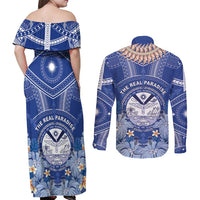 Marshall Islands Jemenei Day Couples Matching Off Shoulder Maxi Dress and Long Sleeve Button Shirt Polynesian Tribal Tattoo Seashell Necklace LT05 - Polynesian Pride
