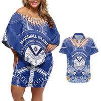 Marshall Islands Jemenei Day Couples Matching Off Shoulder Short Dress and Hawaiian Shirt Polynesian Tribal Tattoo Seashell Necklace LT05 Blue - Polynesian Pride