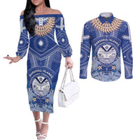 Marshall Islands Jemenei Day Couples Matching Off The Shoulder Long Sleeve Dress and Long Sleeve Button Shirt Polynesian Tribal Tattoo Seashell Necklace LT05 Blue - Polynesian Pride