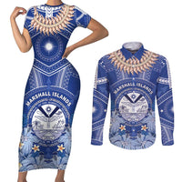 Marshall Islands Jemenei Day Couples Matching Short Sleeve Bodycon Dress and Long Sleeve Button Shirt Polynesian Tribal Tattoo Seashell Necklace LT05 Blue - Polynesian Pride