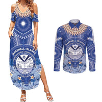 Marshall Islands Jemenei Day Couples Matching Summer Maxi Dress and Long Sleeve Button Shirt Polynesian Tribal Tattoo Seashell Necklace LT05 Blue - Polynesian Pride