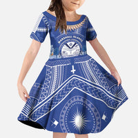 Marshall Islands Jemenei Day Family Matching Long Sleeve Bodycon Dress and Hawaiian Shirt Polynesian Tribal Tattoo Seashell Necklace LT05 Daughter's Dress Blue - Polynesian Pride
