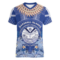Marshall Islands Jemenei Day Women V-Neck T-Shirt Polynesian Tribal Tattoo Seashell Necklace LT05 Female Blue - Polynesian Pride