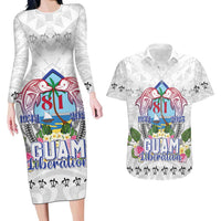 Guam Chamorro Liberation Day Couples Matching Long Sleeve Bodycon Dress and Hawaiian Shirt 81st Anniversary LT05 White - Polynesian Pride