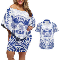 Northern Mariana Islands Liberation Day Couples Matching Off Shoulder Short Dress and Hawaiian Shirt 79th Anniversary LT05 Blue - Polynesian Pride