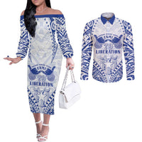 Northern Mariana Islands Liberation Day Couples Matching Off The Shoulder Long Sleeve Dress and Long Sleeve Button Shirt 79th Anniversary LT05 Blue - Polynesian Pride
