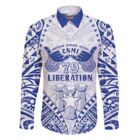 Northern Mariana Islands Liberation Day Family Matching Puletasi and Hawaiian Shirt 79th Anniversary LT05 Dad's Shirt - Long Sleeve Blue - Polynesian Pride