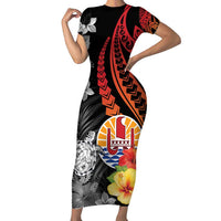 French Polynesia Bastille Day Family Matching Short Sleeve Bodycon Dress and Hawaiian Shirt Tropical Turtle Hibiscus Polynesian Pattern LT05 Mom's Dress Black - Polynesian Pride