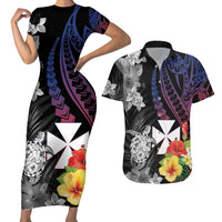 Wallis and Futuna Bastille Day Couples Matching Short Sleeve Bodycon Dress and Hawaiian Shirt Tropical Turtle Hibiscus Polynesian Pattern LT05 Black - Polynesian Pride