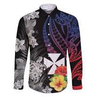 Wallis and Futuna Bastille Day Family Matching Puletasi and Hawaiian Shirt Tropical Turtle Hibiscus Polynesian Pattern LT05 Dad's Shirt - Long Sleeve Black - Polynesian Pride