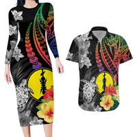 New Caledonia Bastille Day Couples Matching Long Sleeve Bodycon Dress and Hawaiian Shirt Tropical Turtle Hibiscus Polynesian Pattern LT05 Black - Polynesian Pride