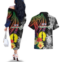 New Caledonia Bastille Day Couples Matching Off The Shoulder Long Sleeve Dress and Hawaiian Shirt Tropical Turtle Hibiscus Polynesian Pattern LT05 - Polynesian Pride