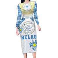 Personalised Palau Constitution Day Family Matching Long Sleeve Bodycon Dress and Hawaiian Shirt Polynesian Turtle LT05 Mom's Dress Blue - Polynesian Pride