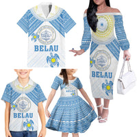 Personalised Palau Constitution Day Family Matching Off The Shoulder Long Sleeve Dress and Hawaiian Shirt Polynesian Turtle LT05 - Polynesian Pride
