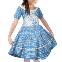 Personalised Palau Constitution Day Family Matching Off Shoulder Maxi Dress and Hawaiian Shirt Polynesian Turtle LT05 Daughter's Dress Blue - Polynesian Pride