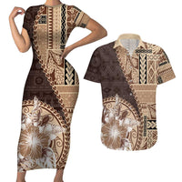 Samoa Siapo Elegant Couples Matching Short Sleeve Bodycon Dress and Hawaiian Shirt Hibiscus Chocolate Brown Motifs LT05 Brown - Polynesian Pride