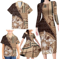 Samoa Siapo Elegant Family Matching Long Sleeve Bodycon Dress and Hawaiian Shirt Hibiscus Chocolate Brown Motifs LT05 - Polynesian Pride