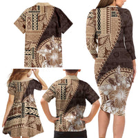 Samoa Siapo Elegant Family Matching Long Sleeve Bodycon Dress and Hawaiian Shirt Hibiscus Chocolate Brown Motifs LT05 - Polynesian Pride