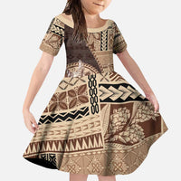 Samoa Siapo Elegant Family Matching Off Shoulder Maxi Dress and Hawaiian Shirt Hibiscus Chocolate Brown Motifs LT05 Daughter's Dress Brown - Polynesian Pride
