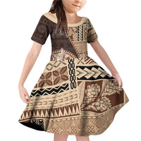 Samoa Siapo Elegant Family Matching Off Shoulder Short Dress and Hawaiian Shirt Hibiscus Chocolate Brown Motifs LT05 Daughter's Dress Brown - Polynesian Pride