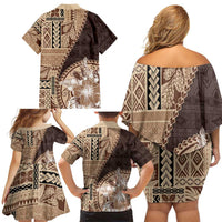Samoa Siapo Elegant Family Matching Off Shoulder Short Dress and Hawaiian Shirt Hibiscus Chocolate Brown Motifs LT05 - Polynesian Pride
