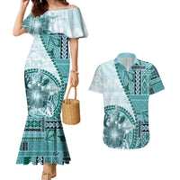 Samoa Siapo Elegant Couples Matching Mermaid Dress and Hawaiian Shirt Hibiscus Teal Motifs LT05 Teal - Polynesian Pride
