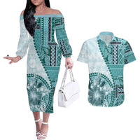 Samoa Siapo Elegant Couples Matching Off The Shoulder Long Sleeve Dress and Hawaiian Shirt Hibiscus Teal Motifs LT05 Teal - Polynesian Pride