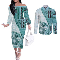 Samoa Siapo Elegant Couples Matching Off The Shoulder Long Sleeve Dress and Long Sleeve Button Shirt Hibiscus Teal Motifs LT05 Teal - Polynesian Pride